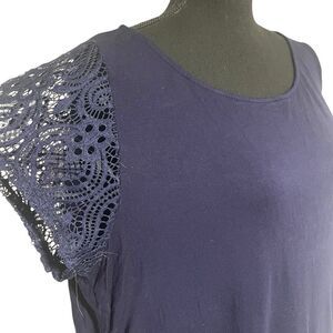LoveAppella Navy Blue Stretch Lace Short Sleeve Top